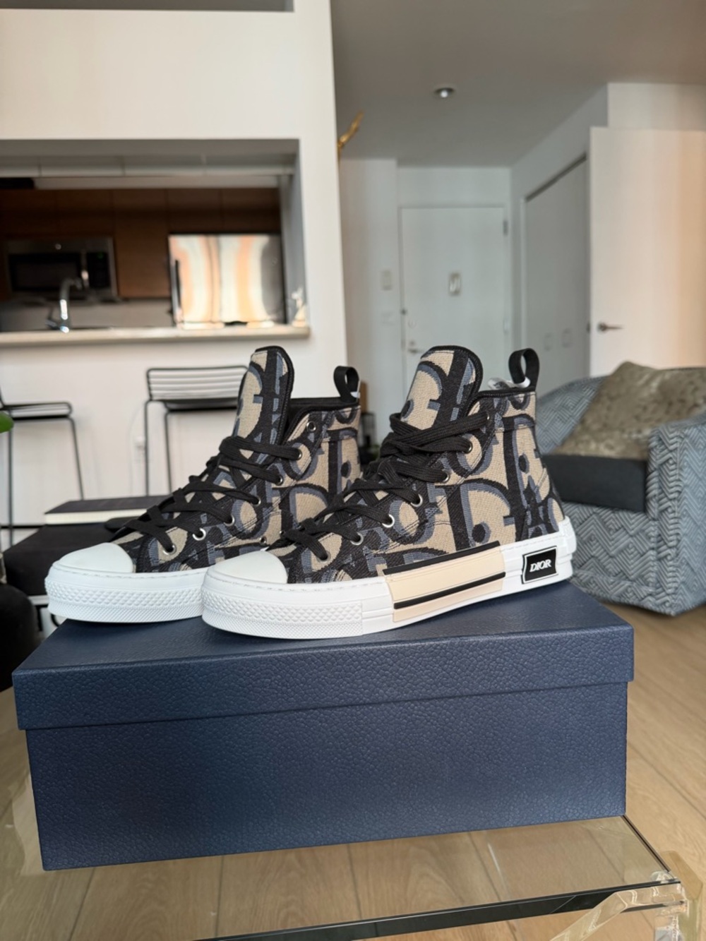 Dior Beige & Black Signature Oblique High-Top Sneakers